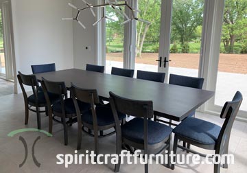 Sapele Mahogany Dining Table Set, Solid Wood Top and RH Yoder Side Chairs, Stained Storm Grey for North Shore, Chicago, IL Client
