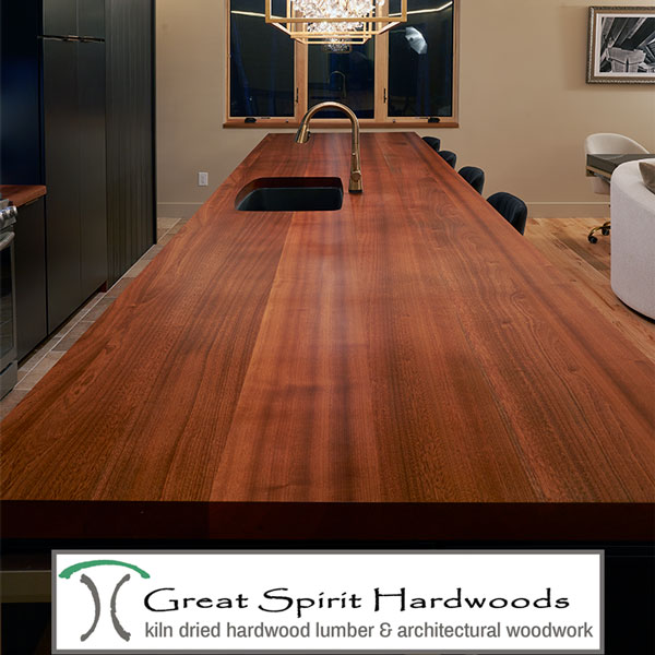 15 Foot Long Custom Sapele Mahogany Kitchen Island Top with Ebonized Wall Cladding