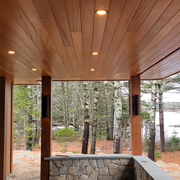 Custom Tongue & V Groove Walnut Ceiling Cladding for New Construction Covered Porch