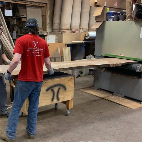 Sanding large walnut live edge slab on 3 head widebelt sander