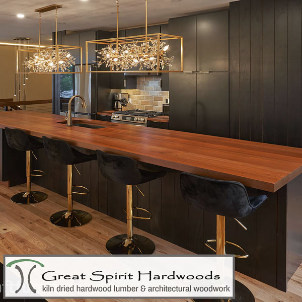 Ebonized Sapele Mahogany Tongue and Groove Cladding to Match Cabinets for New Construction Open Floor-Plan Kitchen
