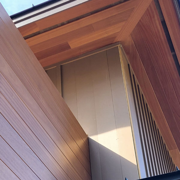 Custom Sapele Mahogany Soffit Cladding for Mount Desert Island Residential New Construction