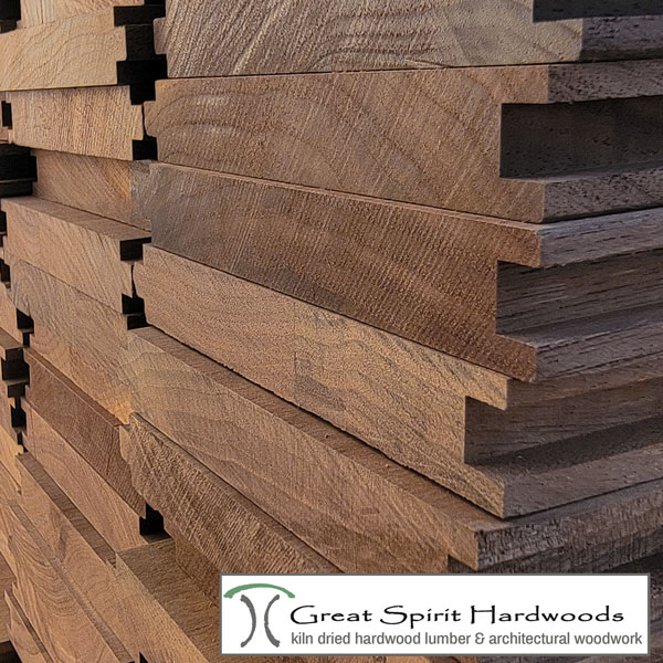 Black walnut 4/4 hardwood lumber machined into tongue and groove 5 inch face wall cladding