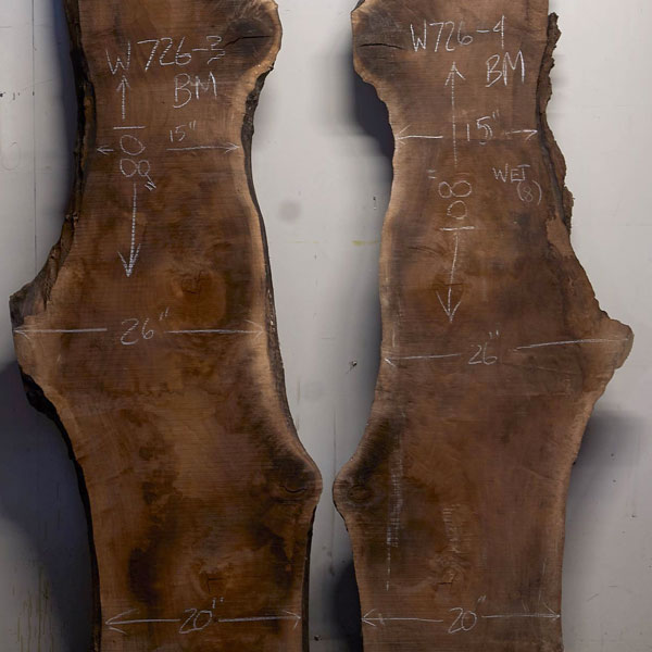 organically shaped bookmatched set of Black Walnut Slabs;