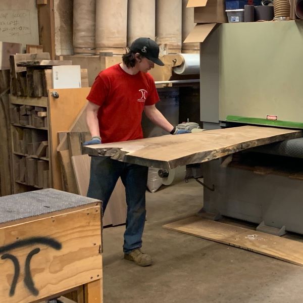 wide belt sanding 14 foot long live edge walnut slab