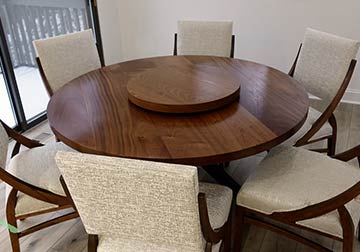 Sapele Mahogany 72" Diameter Round Dining Table with Lazy Susan and RH Yoder Chairs.