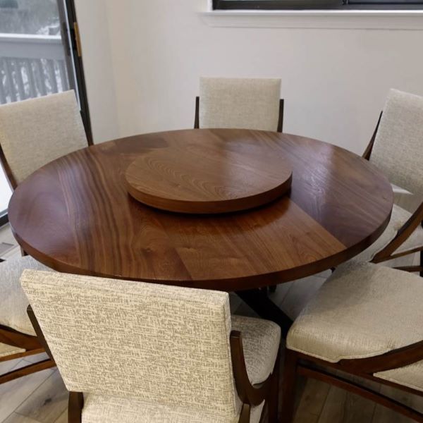 72" Diameter Solid Wood Round Dining Table with "Lazy Susan" in Sapele with RH Yoder Chairs
