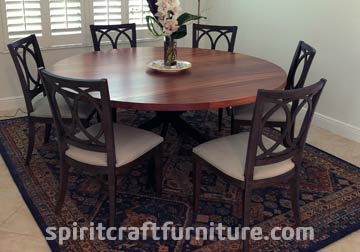 72 inch Round Sapele Mahogany dining table with Spider Base for Sarasota, Florida client from Spiritcraft Furniture in East Dundee, IL