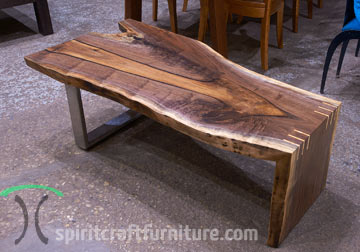 Black Walnut Waterfall Coffee Table from Rare Shake Tree Slab with Raw Steel Leg by spiritcraft furniture in east dundee, il