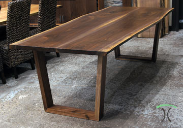 Walnut Live Edge Dining Table with our Solid Hardwood Trapezoids in our Chicago Area Live Edge Furniture Showroom