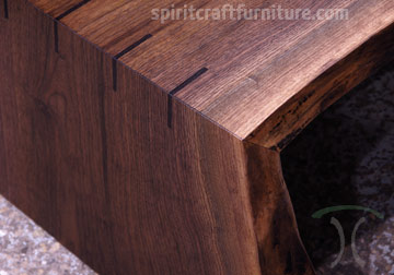 Waterfall Detail in Live Edge Black Walnut Coffee Table, Perfectly Machined Miter Joint with Walnut Splines.