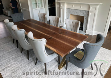 Solid hardwood live edge dining table from slabs of kiln dried Black Walnut at Spiritcraft Furniture in East Dundee, Illinois