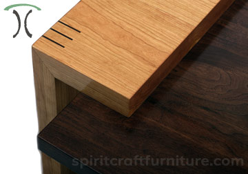 Waterfall Detail on Cherry and Black Walnut Mod Century Coffee Table Featuring Contrasting Splines, a Spiritcraft Furniture Exclusive