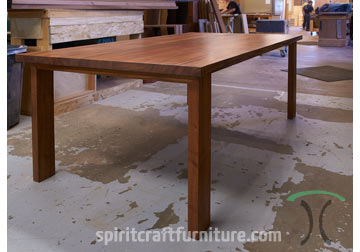 Custom Sapele Dining Table with Open Base Inverted U Shaped Legs Shown as Prototype in our Woodshop