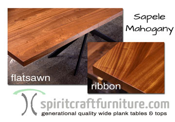 Sapele Mahogany Solid Wood Tables in Flatsawn and Ribbonstriple.