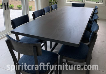 Sapele Dining Table, Stained Storm Grey on Custom Spider Base with Mathing RH Yoder Emerson Side Chairs