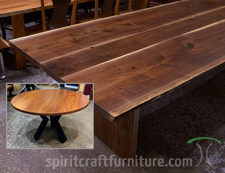 Solid hardwood live edge, wide plank and round dining tables and custom table tops from Spiritcraft Furniture and Great Spirit Hardwoods in East Dundee, IL