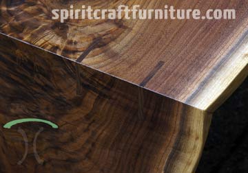 Waterfall Detail in Live Edge Black Walnut Coffee Table, We Make Perfectly Machined Miter Joints with Walnut Splines..